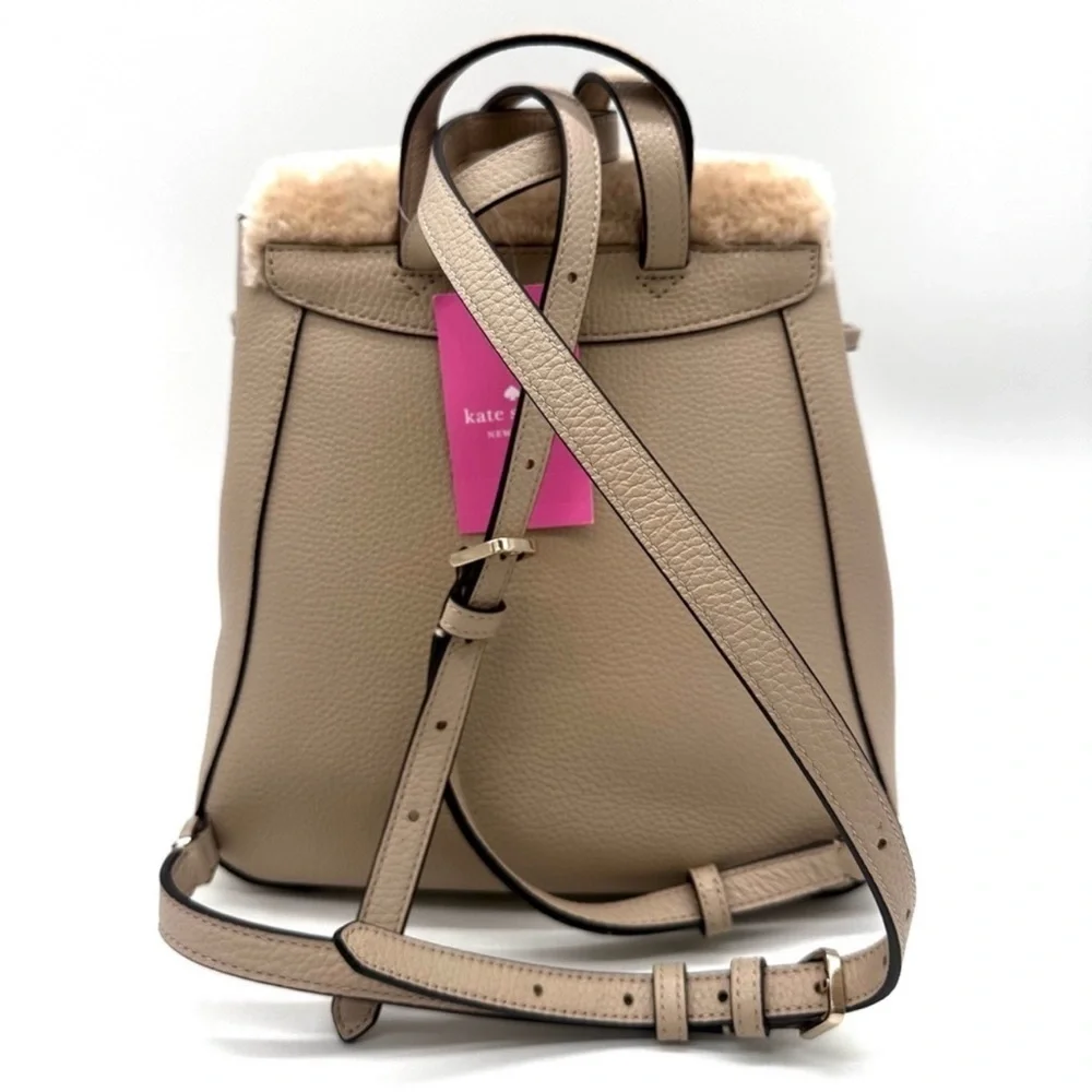 Kate Spade Medium Flap Fur Faux Shearling Backpack Tan - Picture 6 of 10